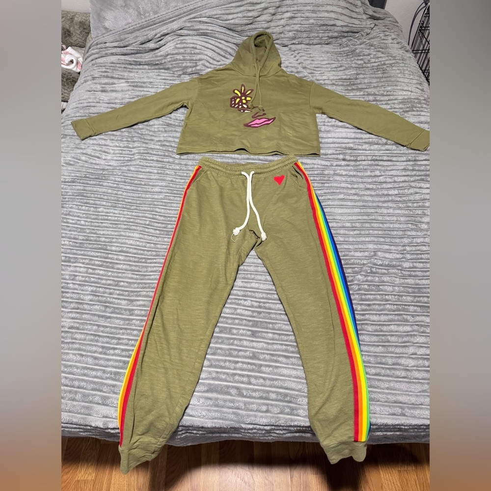 Olive Green Hoodie and Joggers Set with Rainbow Stripes